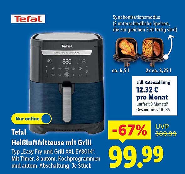 Tefal Heißluftfritteuse mit Grill Typ „Easy Fry und Grill XXL EY8014“