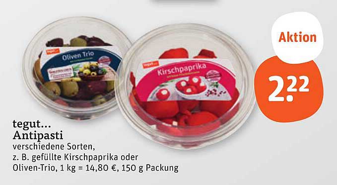 tegut... Antipasti – verschiedene Sorten, z. B. gefüllte Kirschpaprika oder Oliven-Trio