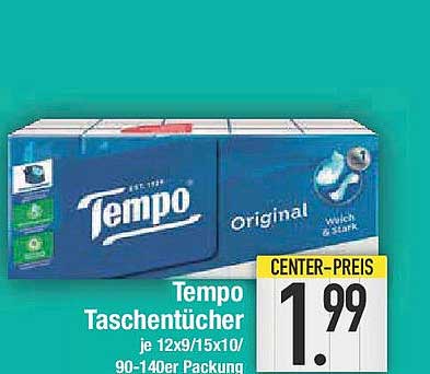 Tempo Taschentücher Original je 12x9/15x10/90-140er Packung