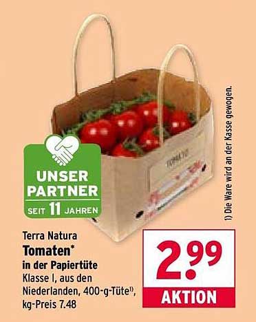 Terra Natura Tomaten in der Papiertüte Klasse I, aus den Niederlanden, 400-g-Tüte