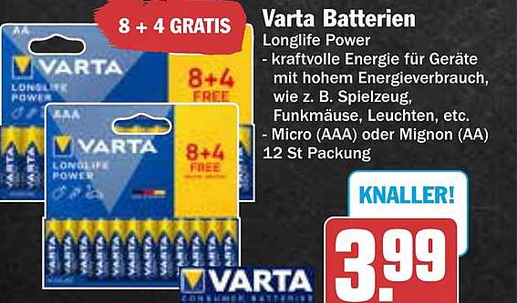 Varta Batterien Longlife Power – 12 St Packung mit 8 + 4 GRATIS