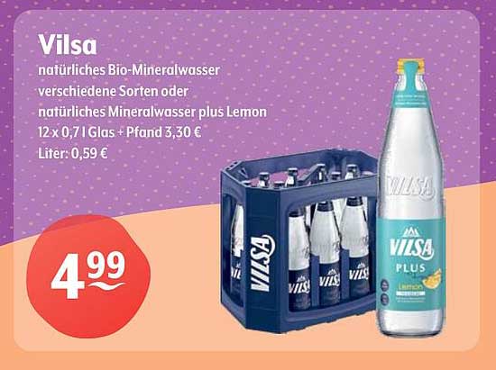 Vilsa natürliches Bio-Mineralwasser verschiedene Sorten oder natürliches Mineralwasser plus Lemon 12 x 0,7 l Glas