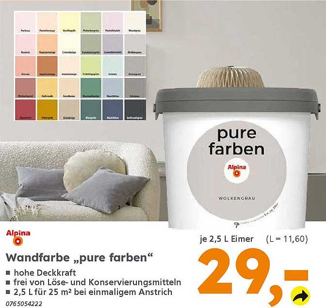 Wandfarbe „pure farben“ von Alpina - 2,5 L Eimer für Wolkengrau