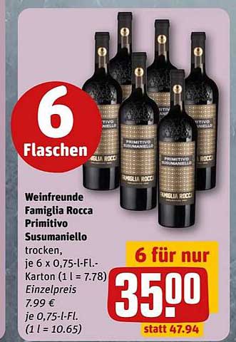 Weinfreunde Famiglia Rocca Primitivo Susumaniello trocken 6 Flaschen für nur 35,00 €