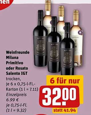 Weinfreunde Miluna Primitivo oder Rosato Salento IGT trocken, je 6 x 0,75-L.-Karton