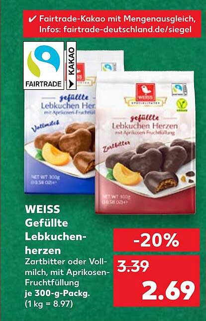 WEISS Gefüllte Lebkuchenherzen Zartbitter oder Vollmilch mit Aprikosen-Fruchtfüllung je 300-g-Pack.