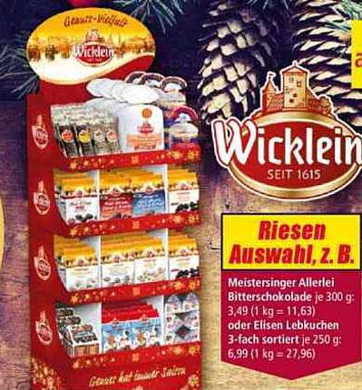 Wicklein Meistersinger Allerlei Bittersschokolade 300 g oder Elisen Lebkuchen 250 g