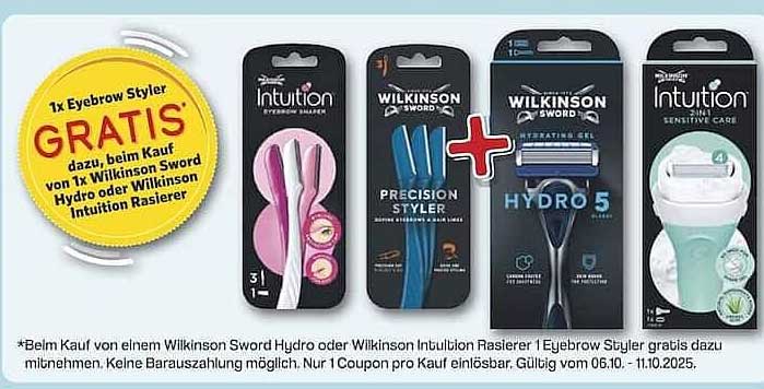 Wilkinson Sword Hydro oder Wilkinson Intuition Rasierer + GRATIS Eyebrow Styler