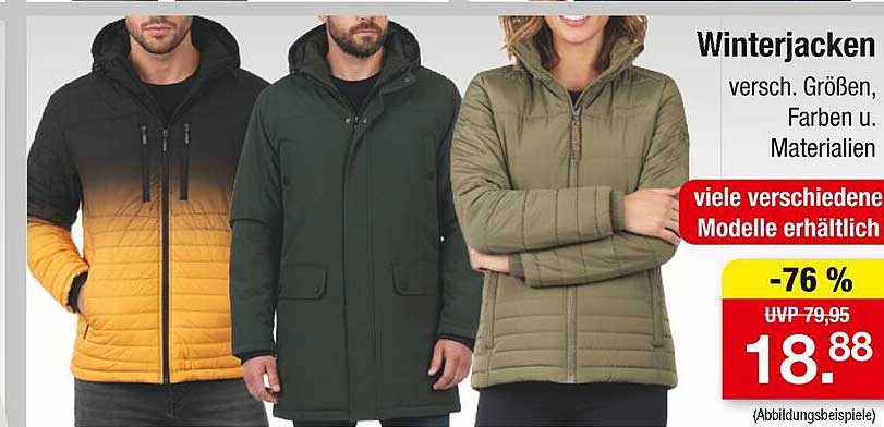 Winterjacken in verschiedenen Größen, Farben und Materialien