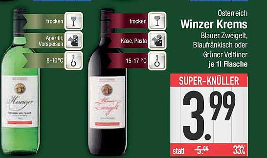 Winzer Krems - Blauer Zweigelt, Blaufränkisch oder Grüner Veltliner je 1 l Flasche