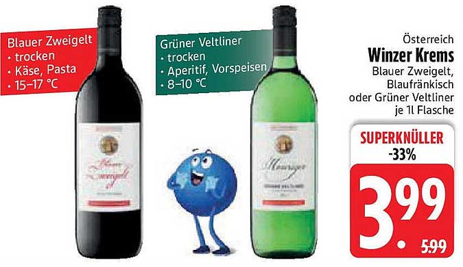 Winzer Krems Blauer Zweigelt oder Grüner Veltliner je 1l Flasche