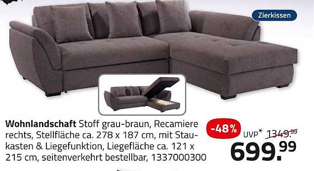 Wohnlandschaft Stoff grau-braun, Recamiere rechts