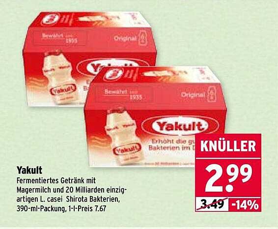 Yakult Fermentiertes Getränk mit Magermilch, 390-ml-Packung