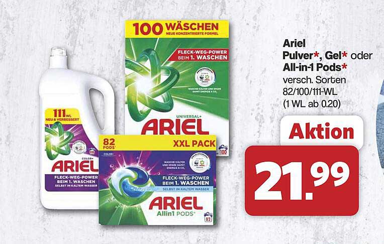 Ariel Pulver*, Gel* oder All-in-1 Pods* versch. Sorten 82/100/111-WL (1 WL ab 0.20)