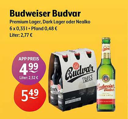 Budweiser Budvar Premium Lager, Dark Lager oder Nealko 6 x 0,33 l + Pfand 0,48 €