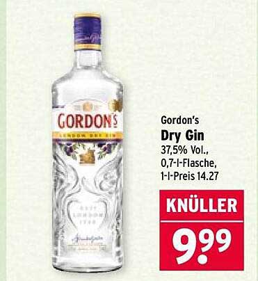 Gordon's Dry Gin 37,5% Vol., 0,7-I-Flasche, 1-I-Preis 14.27