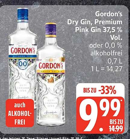 Gordon's Dry Gin, Premium Pink Gin 37,5 % Vol. oder 0,0 % alkoholfrei 0,7 L