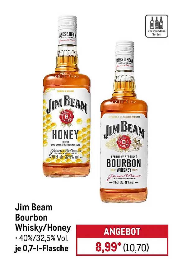 Jim Beam Bourbon Whisky/Honey je 0,7-l-Flasche