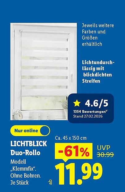 LICHTBLICK Duo-Rollo Modell „Klemmfix“ Ohne Bohren. Je Stück