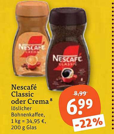 Nescafé Classic oder Crema 8 löslicher Bohnenkaffee, 1 kg = 34,95 €, 200 g Glas