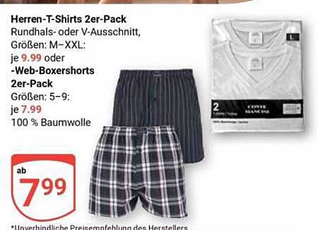 Herren-T-Shirts 2er-Pack Rundhals- oder V-Ausschnitt, Größen: M-XXL: je 9.99 oder -Web-Boxershorts 2er-Pack Größen: 5-9: je 7.99 100 % Baumwolle