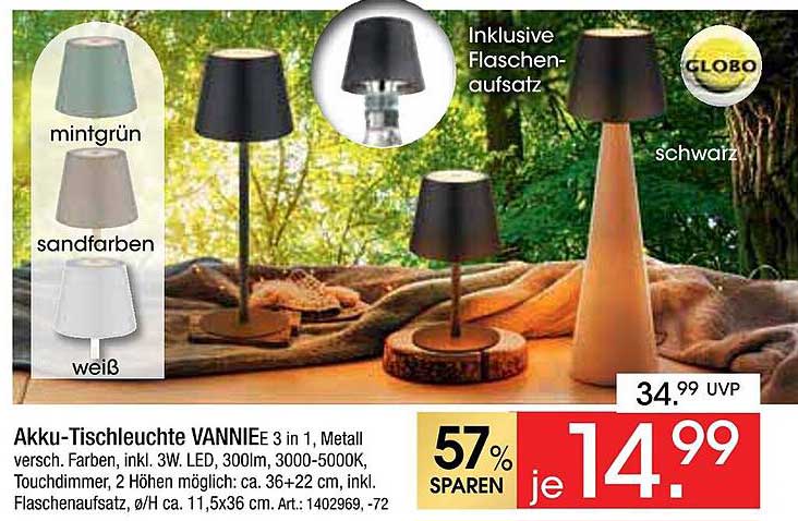 Akku-Tischleuchte VANNIEE 3 in 1, Metall, verschiedene Farben