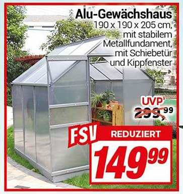 Alu-Gewächshaus 190 x 190 cm, mit stabilem Metallfundament, mit Schiebetür und Kippfenster