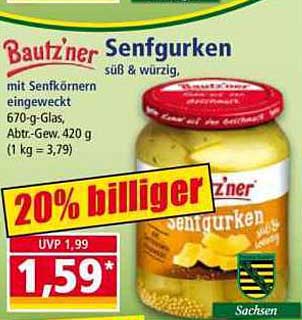 Bautz'ner Senfgurken süß & würzig, mit Senfkörnern eingeweckt, 670-g-Glas