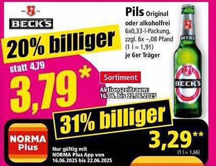 Beck's Pils Original oder Alkoholfrei 6x0,33l für nur 3,29€!