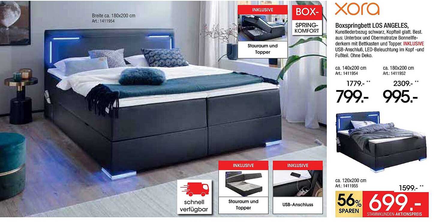Boxspringbett LOS ANGELES, Kunstlederbezug schwarz, 180x200 cm