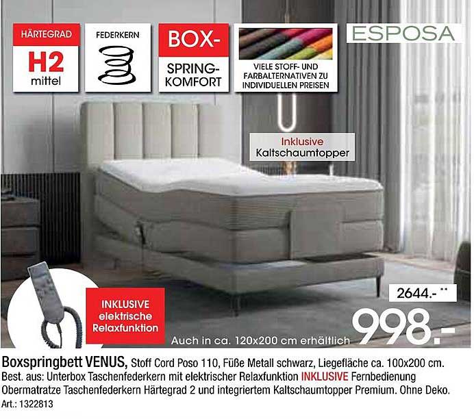 Boxspringbett VENUS mit elektrischem Relaxfunktion