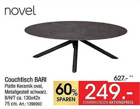 Couchtisch BARi - oval, Keramikplatte, Metallgestell schwarz
