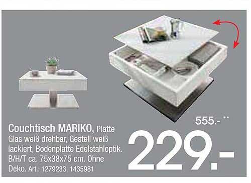 Couchtisch MARIKO, Platte Glas weiß drehbar, Gestell weiß lackiert