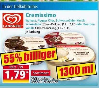 Cremissimo Eis von Langnese – 1300 ml Bourbon Vanille oder 825 ml Sorten