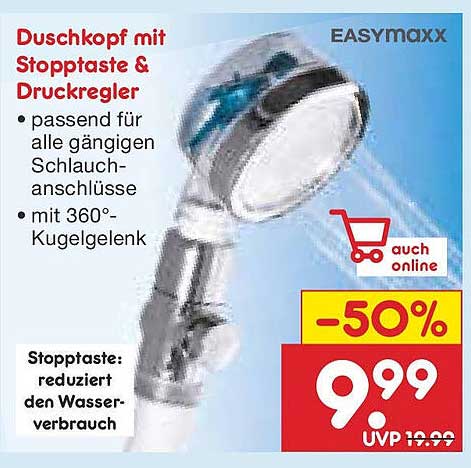 Duschekopf mit Stoppaste & Druckregler von EASYMAXX