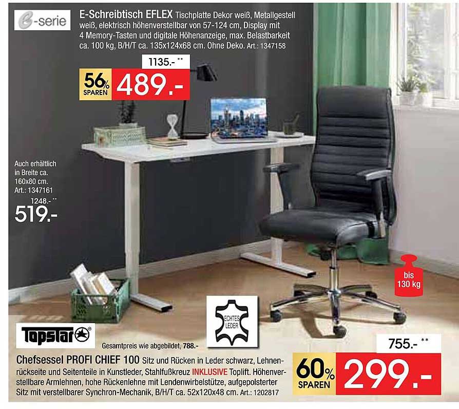 E-Schreibtisch EFLEX und Chefsessel PROFI CHIEF 100 im Set