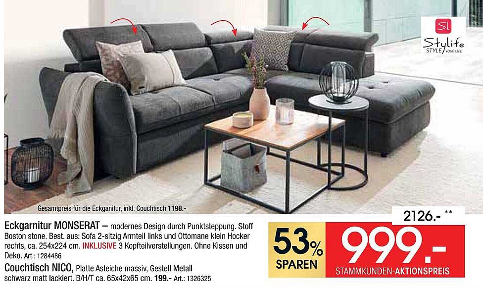 Eckgarnitur MONSERAT – modernes Design durch Punktsteppung