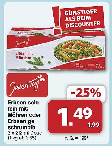 Erbsen sehr fein mit Möhren oder Erbsen geschrumpft 3 x 212-ml-Dose