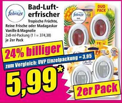 Febreze Bad-Lufterfrischer 2er Pack (Tropische Früchte, Reine Frische oder Madagascar Vanille & Magnolie)