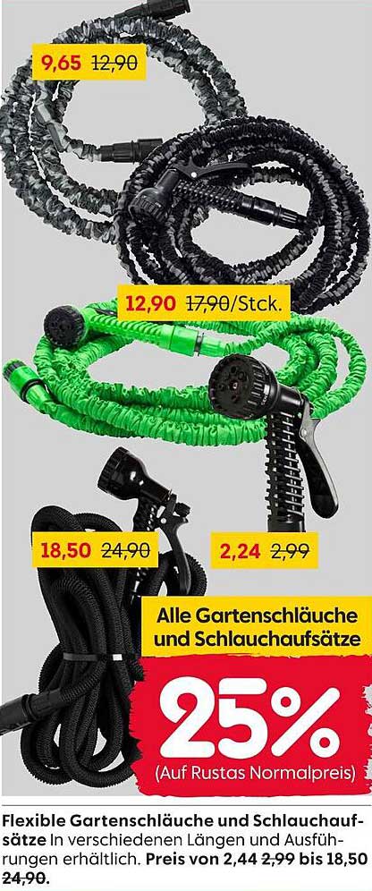 Flexible Gartenschläuche und Schlauchaufsätze in verschiedenen Längen und Ausführungen
