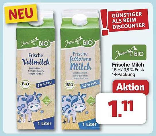 Frische Milch 1,5 % / 3,8 % Fett 1-l-Packung