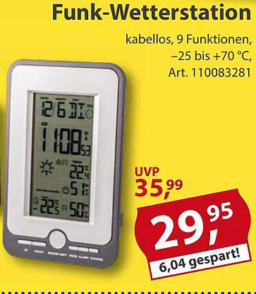 Funk-Wetterstation kabellos, 9 Funktionen, –25 bis +70 °C, Art. 1100083281