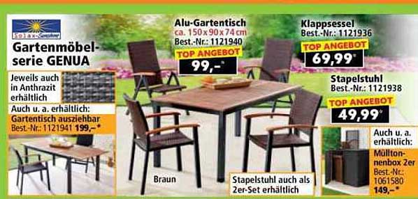 Gartenmöbelserie GENUA - Alu-Gartentisch, Klappsesseln und Stapelstühlen