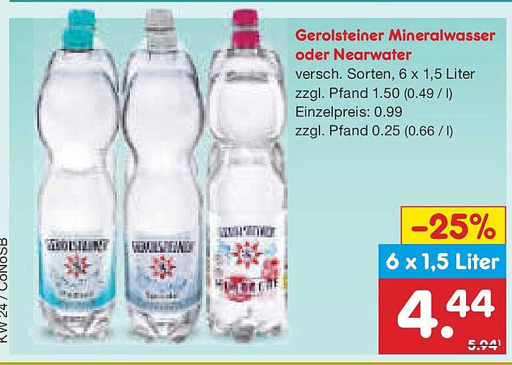 Gerolsteiner Mineralwasser oder Nearwater, 6 x 1,5 Liter