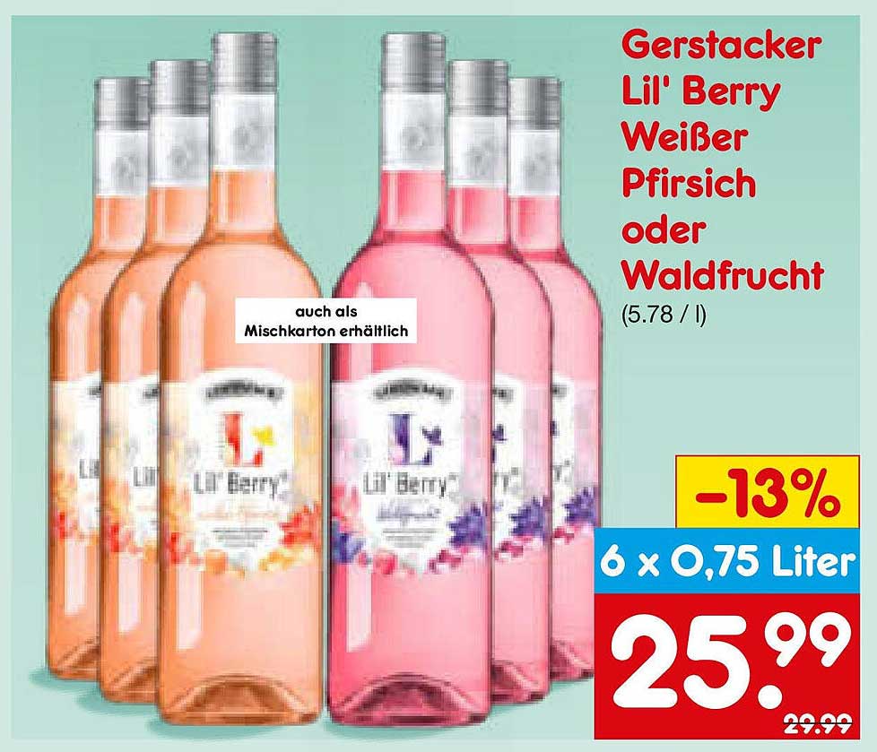 Gerstacker Lil' Berry Weißer Pfirsich oder Waldfrucht 6 x 0,75 Liter