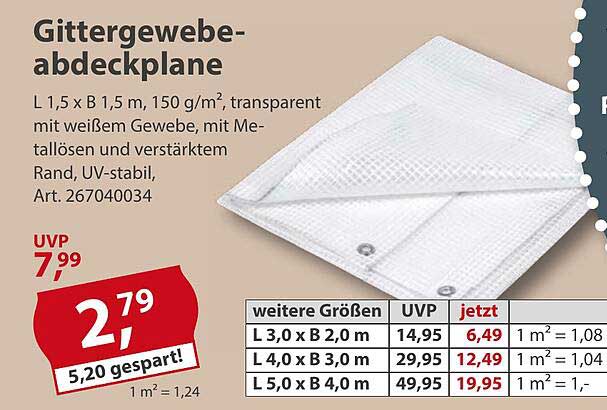 Gittergewebe-Abdeckplane L 1,5 x B 1,5 m, 150 g/m², transparent