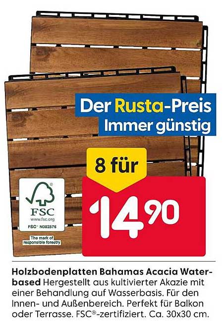 Holzbodenplatten Bahamas Acacia Water-based, 8 für 14,90
