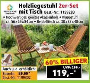 Holzliegestuhl 2er-Set mit Tisch