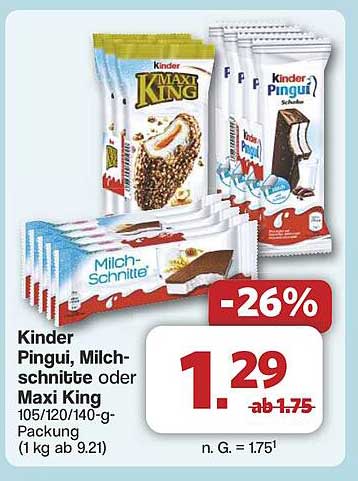 Kinder Pingui, Milchschnittchen oder Maxi King, 105/120/140-g-Packung
