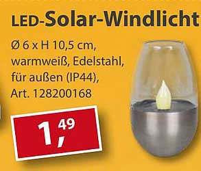 LED-Solar-Windlicht Ø 6 x H 10,5 cm, warmweiß, Edelstahl, für außen (IP44)